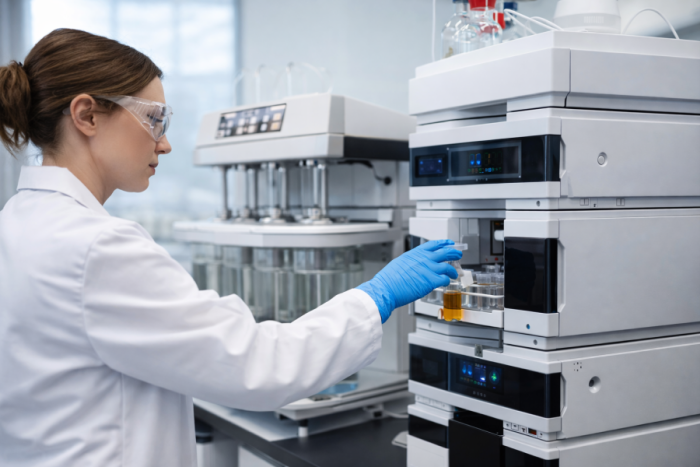 Ultra Performance Liquid Chromatography (UPLC) és kioldódási minták elemzése tablettavizsgálatok során